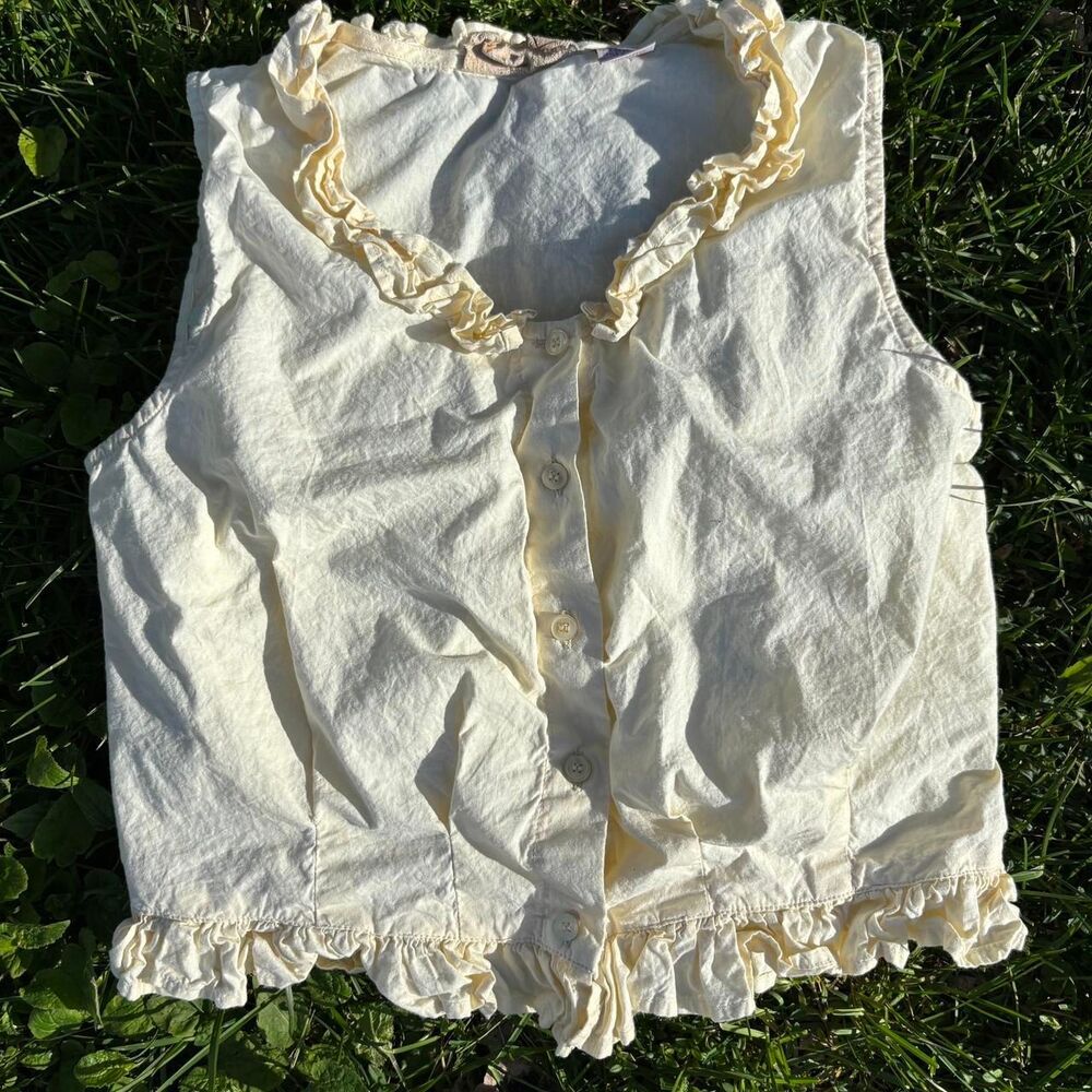 Scully Butter Yellow Cotton Ruffle Sleeveless Button Blouse Size Small